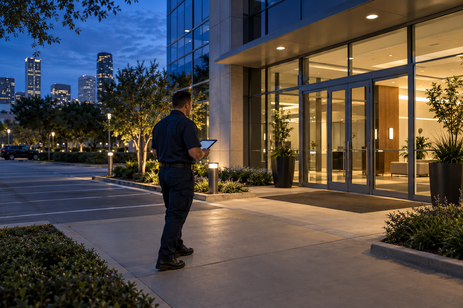 Security officer checking a commercial building entrance at dusk