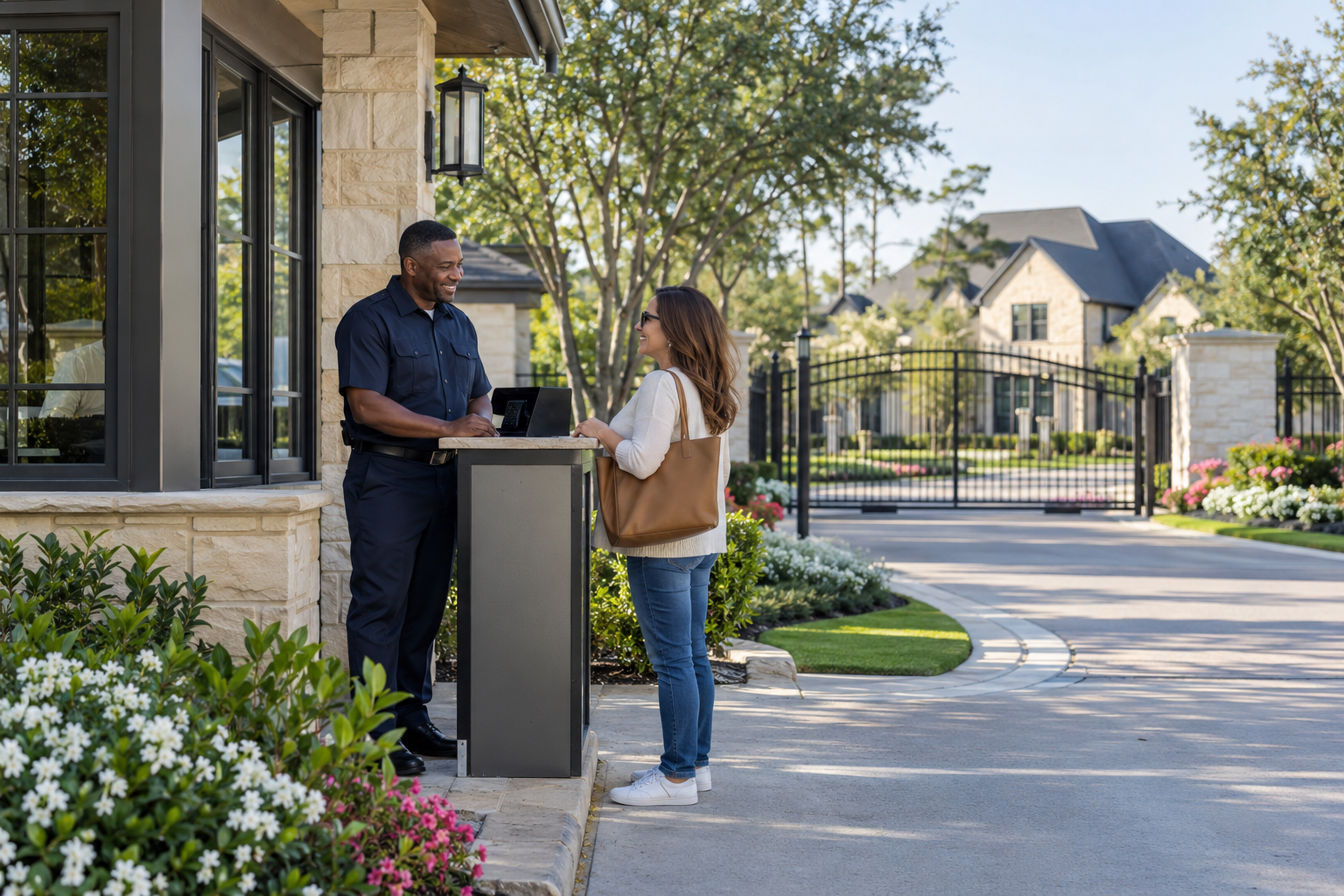 Security officer welcoming a visitor at a residential community entrance